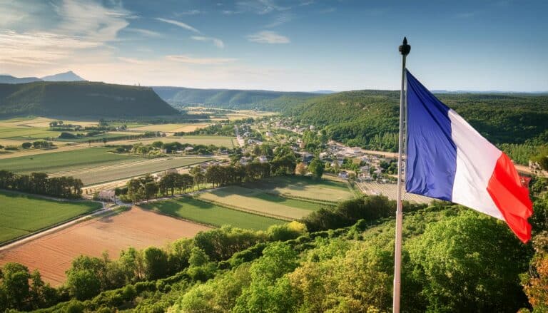 Un drapeau francais flotte sur la campagne