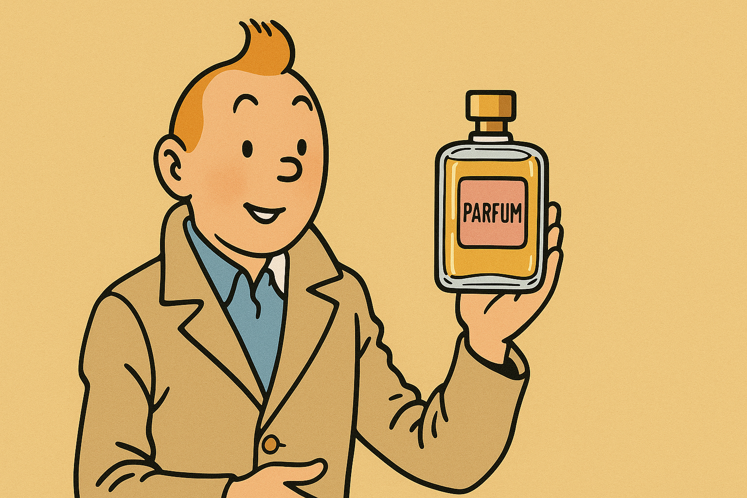 Tintin tient une bouteille de parfum comme un influenceur