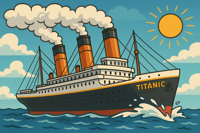 Un cartoon du titanic sous un grand soleil