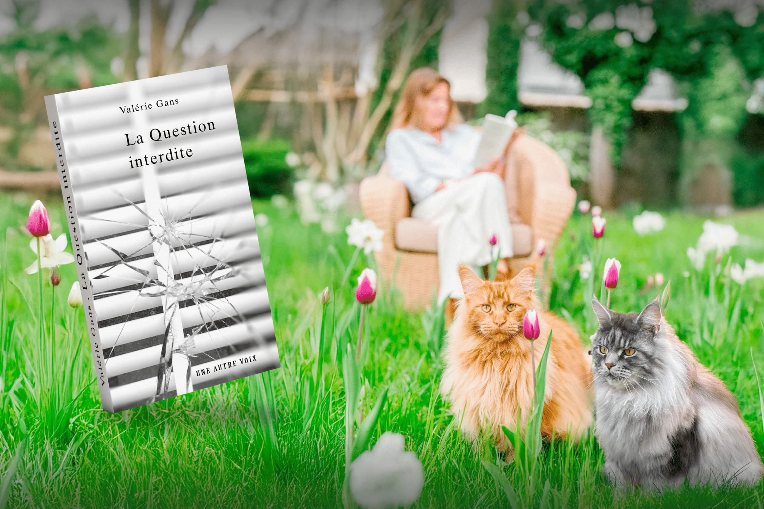 Valérie Gans est assise dans un champ de tulipes avec son livre a coté d'elle