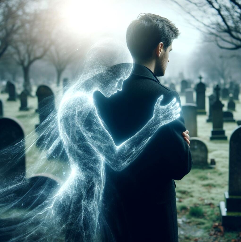 Un homme qui se recueille dans un cimetière avec un fantôme près de lui