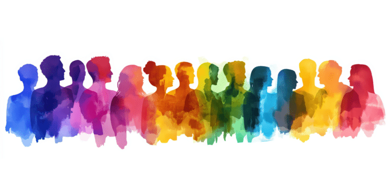 Des personnes multicolores peintes à l'aquarelle sur un fond blanc