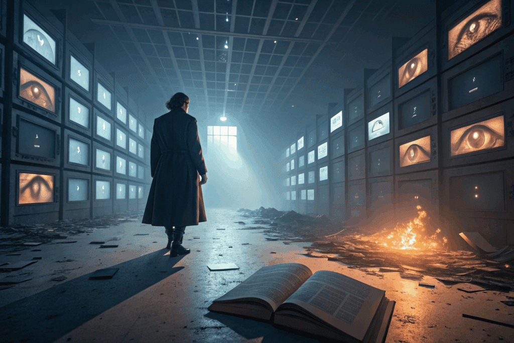 Une femme marche dans un univers dystopique avec un livre au sol et un feu sur le coté