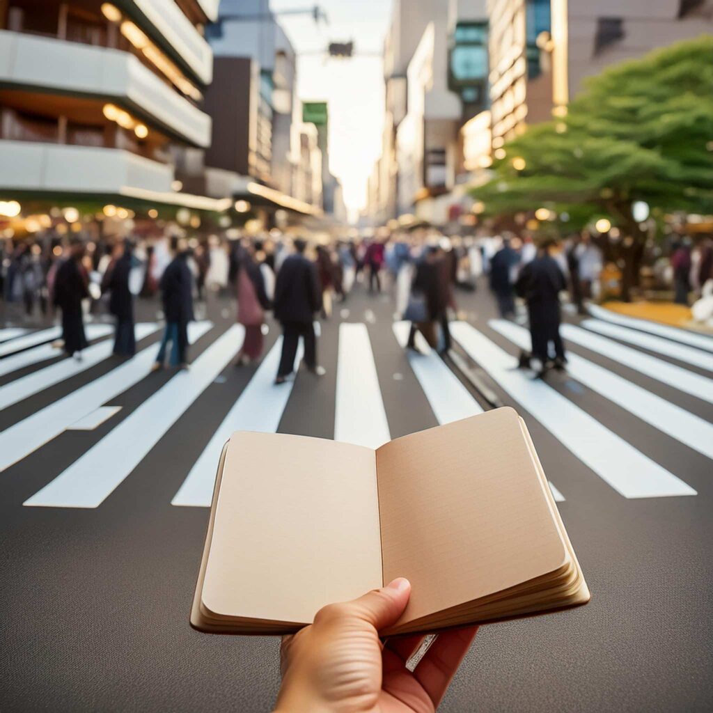 Un homme tient un carnet de notes au milieu du carrefour de Shibuya