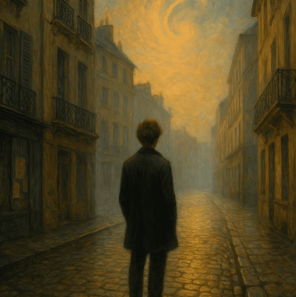 Une peinture d'un homme qui regarde dans une rue à perte de vue
