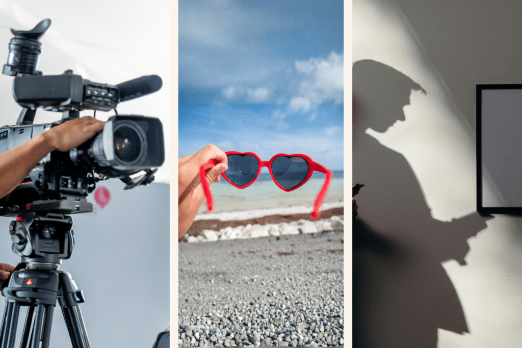 UneAutreVoix-PourquoiLePointDeVueRendVotreLecteurComplice-TypesPointDeVue | Une Autre Voix Trois points de vue : un point de vue externe par une caméra, un point de vue interne avec des lunettes de soleil à mettre et un point de vue omniscient avec une ombre