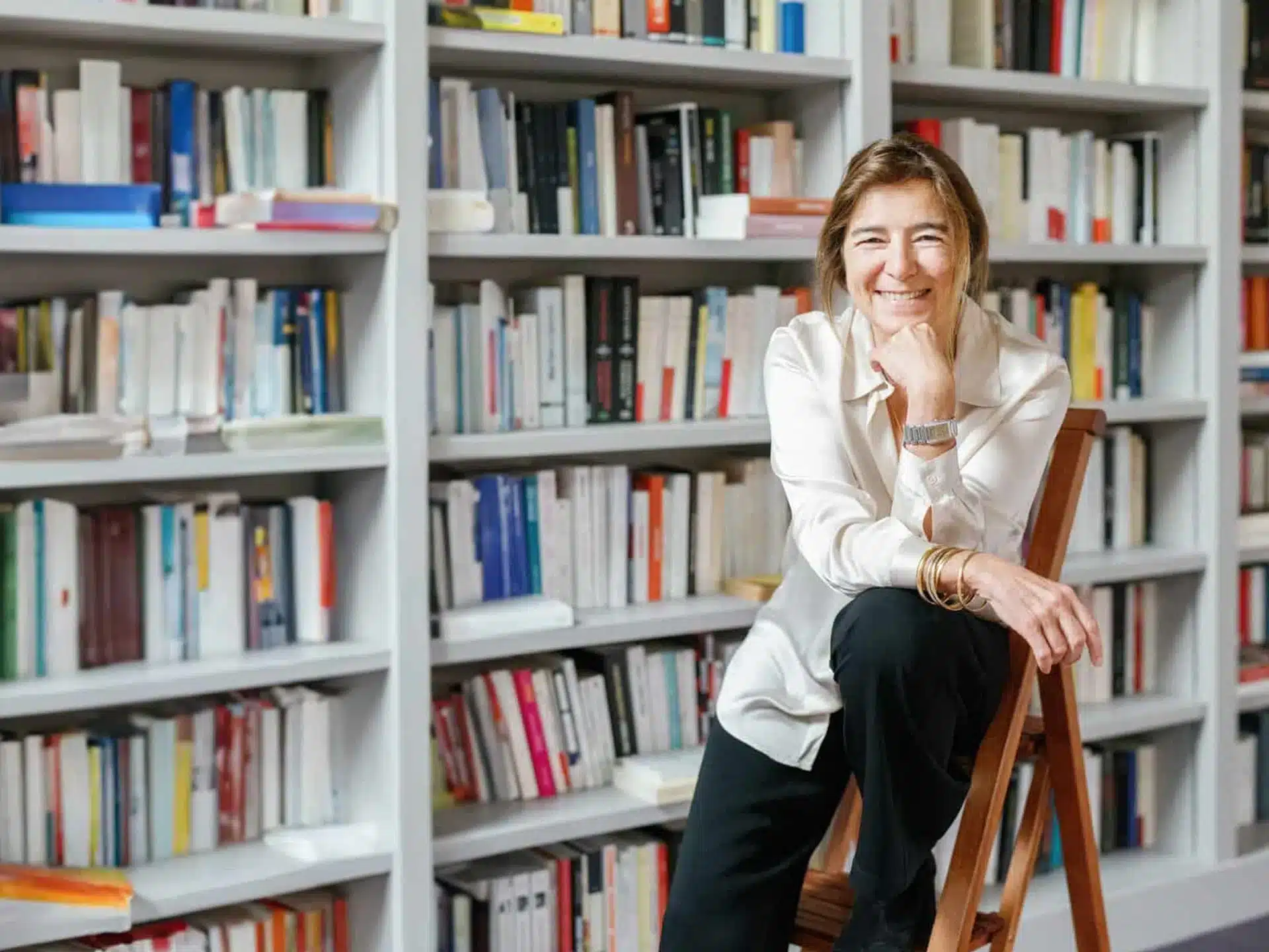 Valérie Gans devant sa bibliothèque