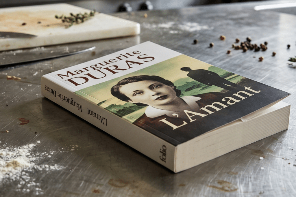 Le livre "L'Amant" de Marguerite Duras posé sur un plan de travail de cuisine