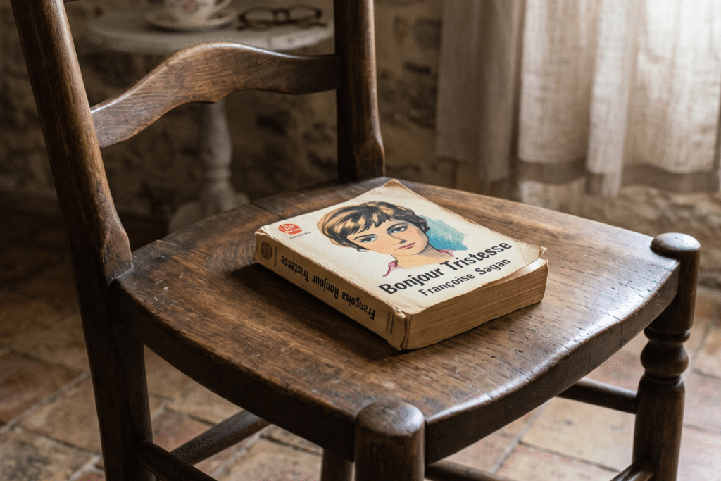 Le livre "Bonjour Tristesse" de Françoise Sagan, très abimé, déposé sur une chaise en bois