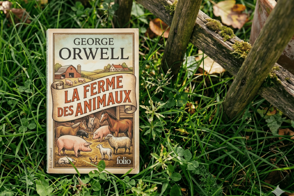 Le livre "La ferme des animaux" de Georges Orwell posé dans de l'herbe