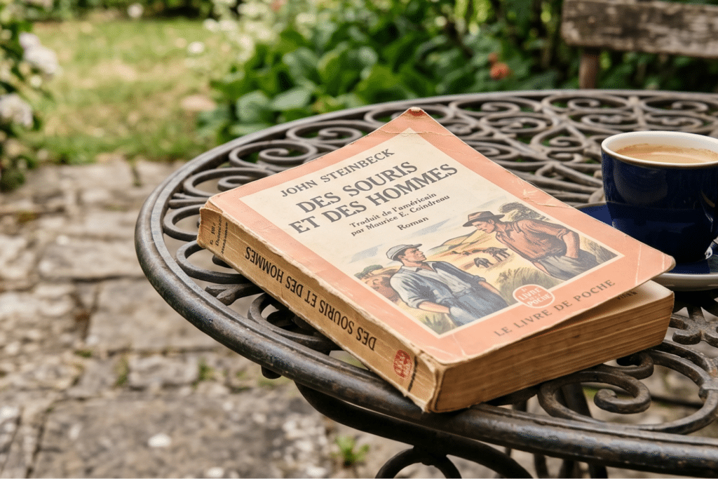 Le livre "Des souris et des hommes" de John Steinbeck sur une table de jardin
