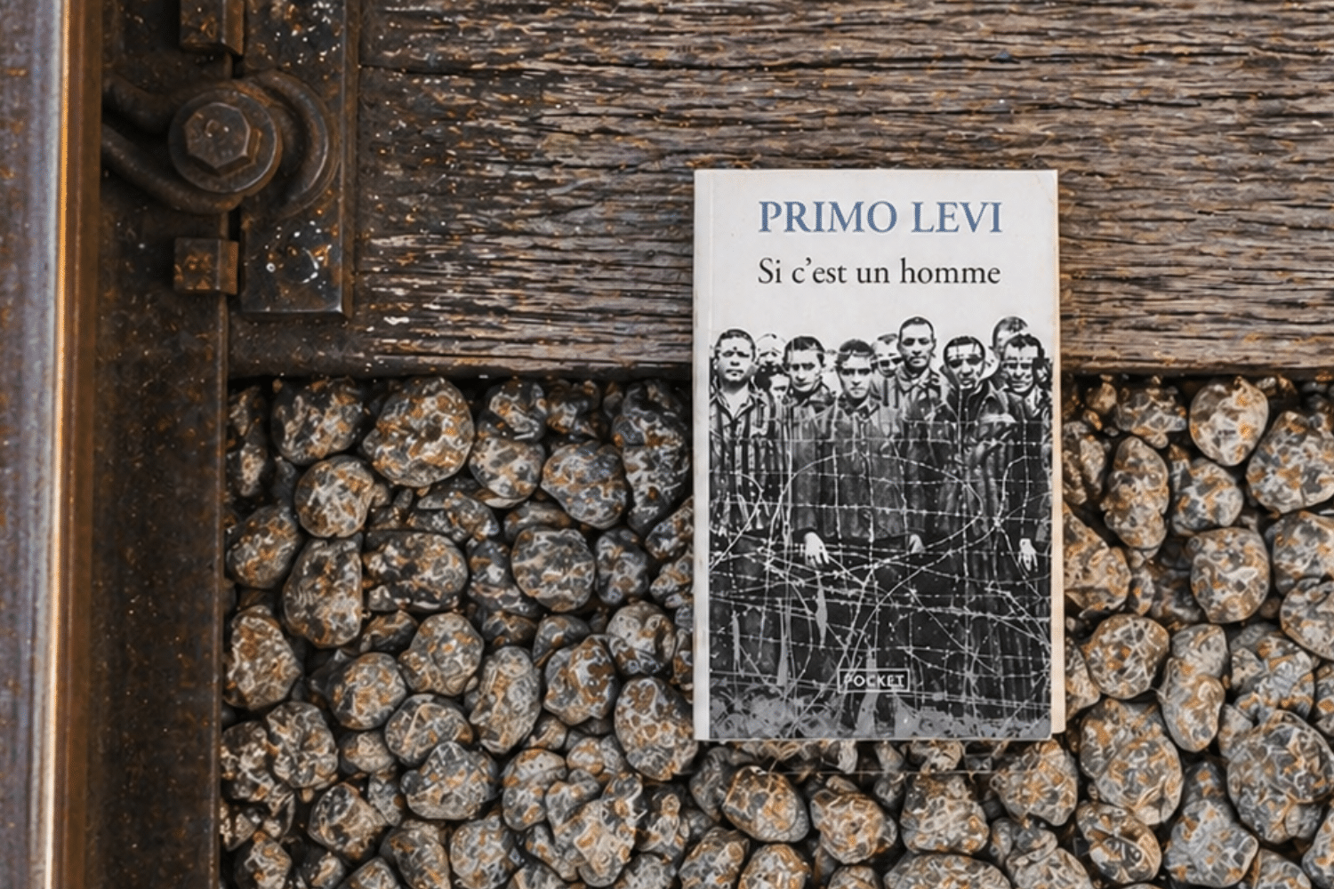 Le livre Si C'est Un Homme de Primo Lévi posé sur les rails d'un train