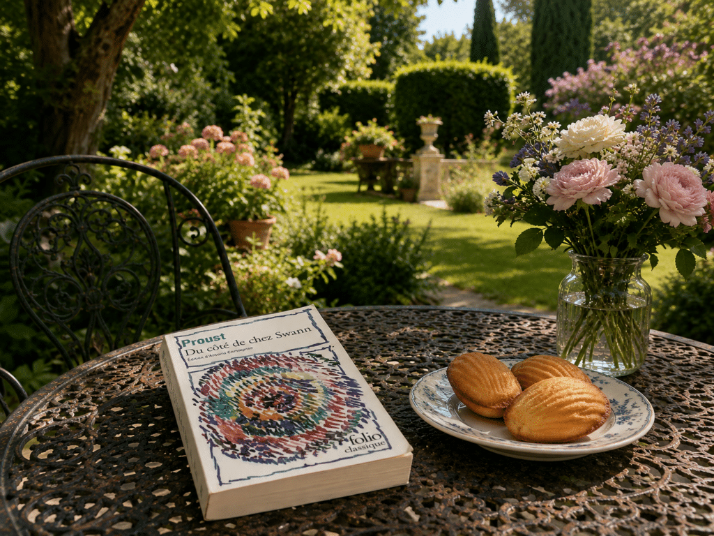 Le livre "Du Côté de Chez Swan" de Marcel proust vu dans un très beau jardin