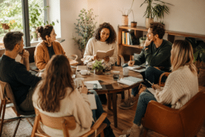 Un groupe de 6 personnes qui participent à un atelier d'écriture.