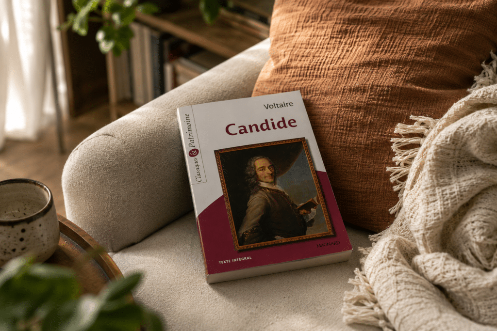 Livre Candide de Voltaire posé sur un canapé.