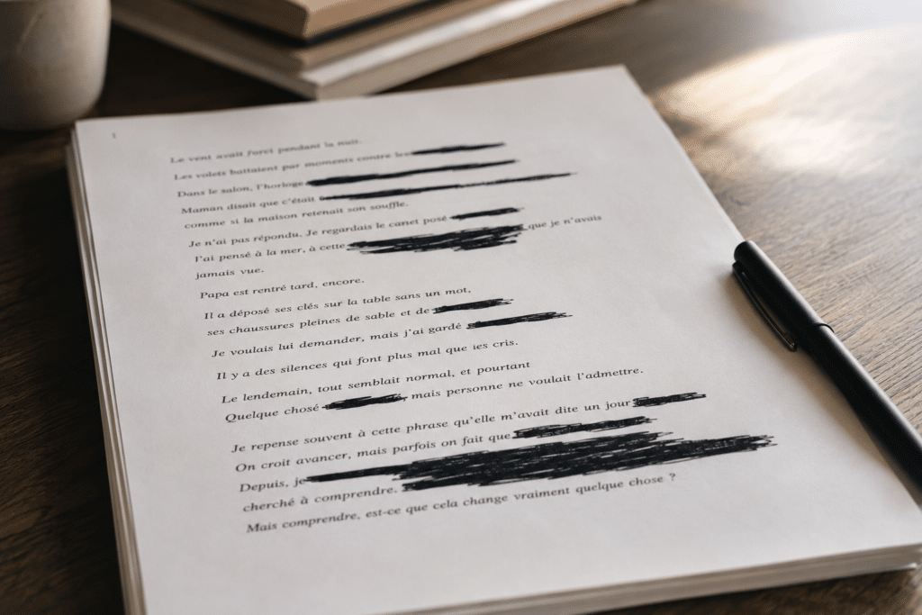 Manuscrit avec des passages rayés comme de la censure.