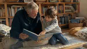 Un grand-père et son petit-fils en train de lire une histoire.
