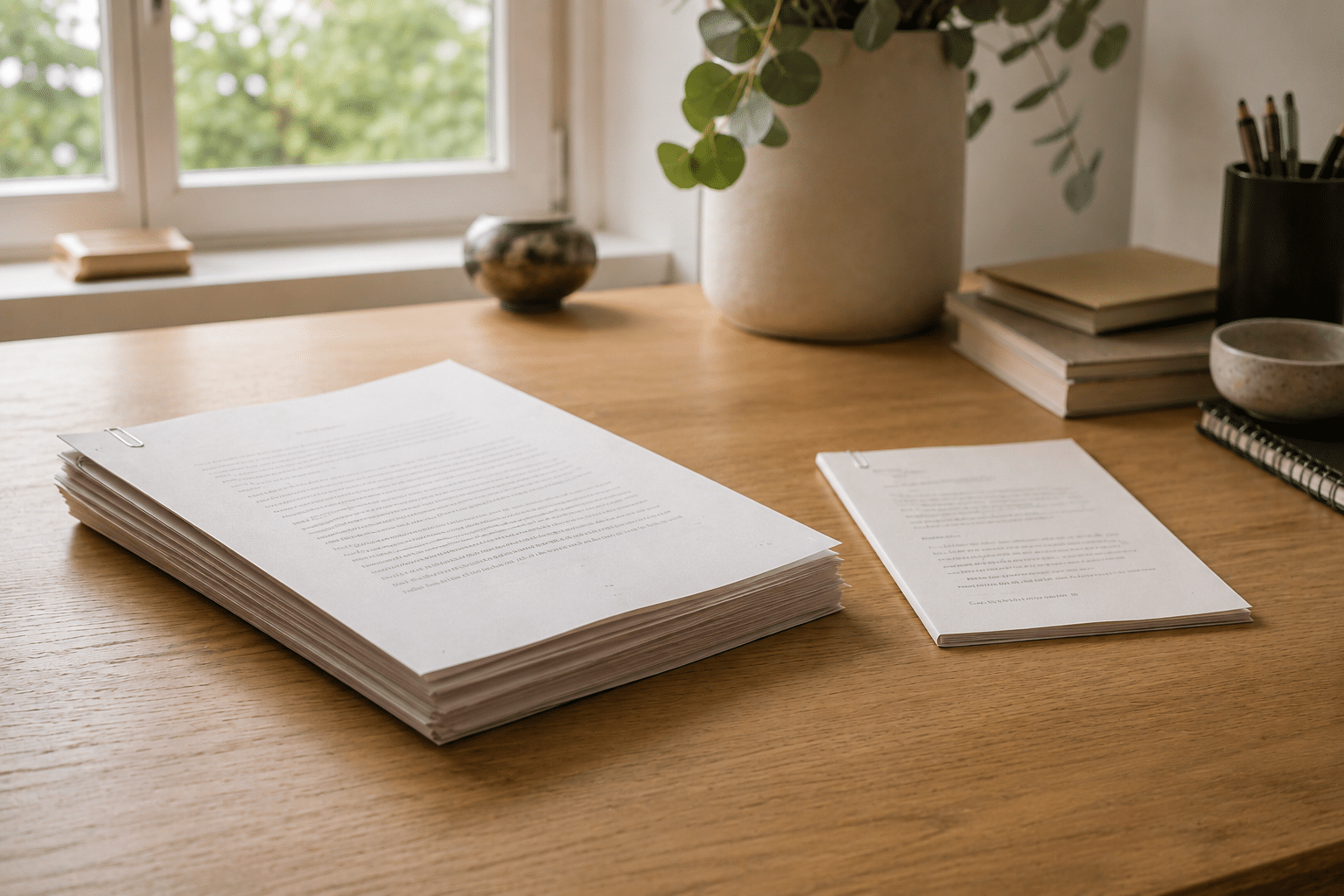Deux manuscrits posés sur un bureau dont un épais et l'autre fin.