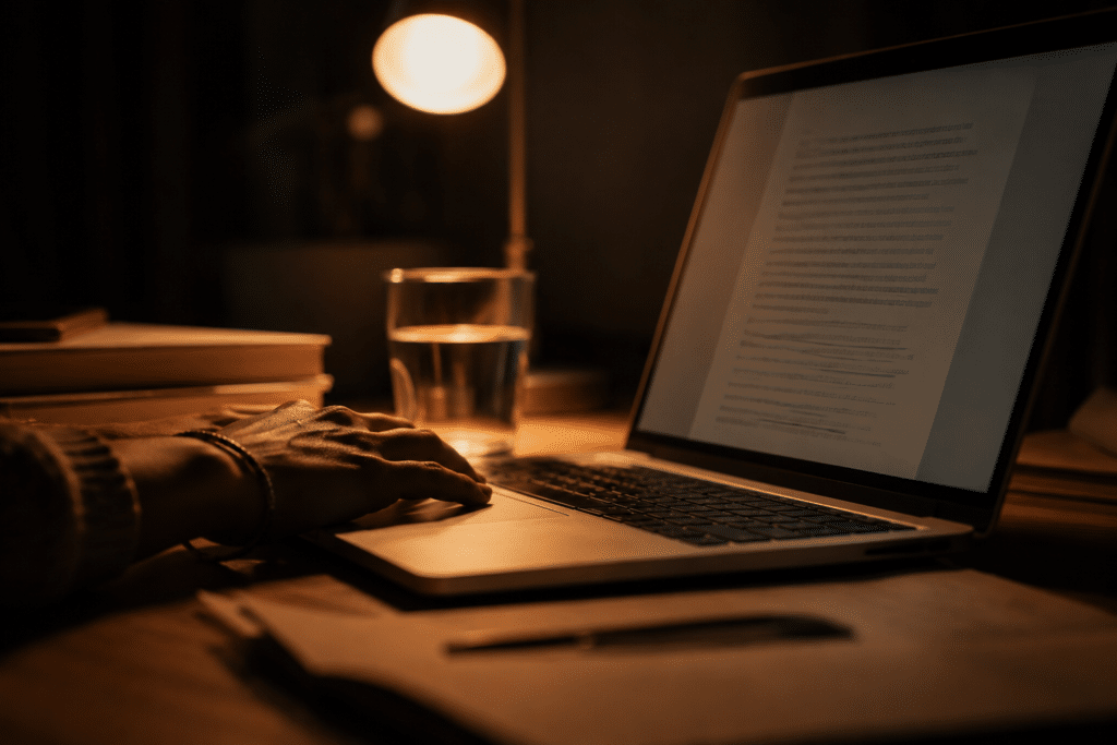 Une personne en train de taper son manuscrit sur son ordinateur le soir.