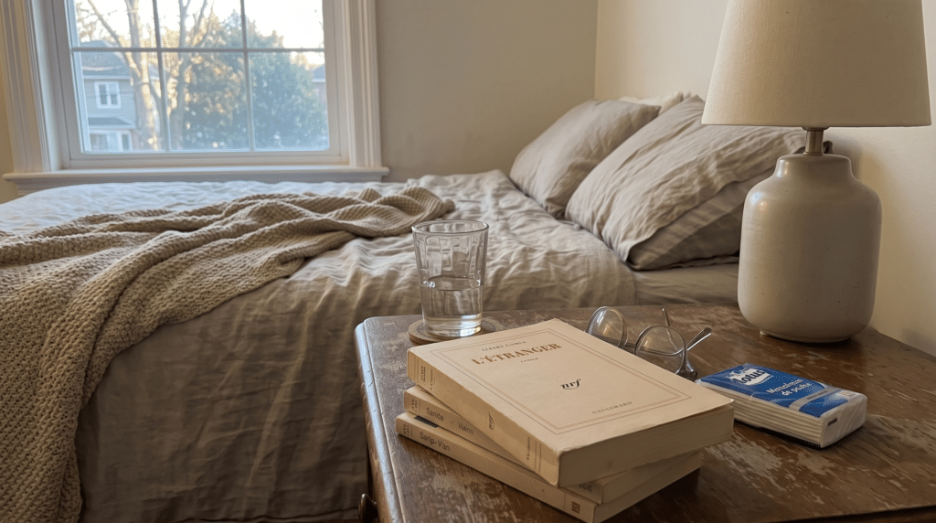 Livre l'Etranger de Camus posé sur une table de chevet à côté du lit.