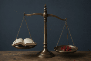 Une balance de justice avec du côté le plus haut un livre et de l'autre un sceau de justice.