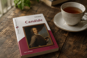 Livre Candide de Voltaire sur une table avec une tasse de thé à côté.