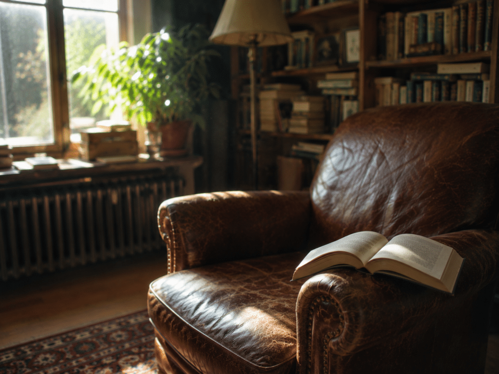 Un fauteuil dans une maison avec une bibliothèque en fond. Un livre posé sur l'accoudoir.