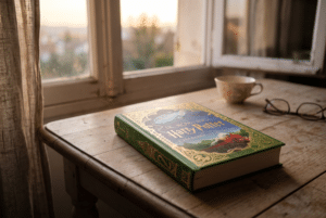 Le livre Harry Potter 2 posé sur un bureau.