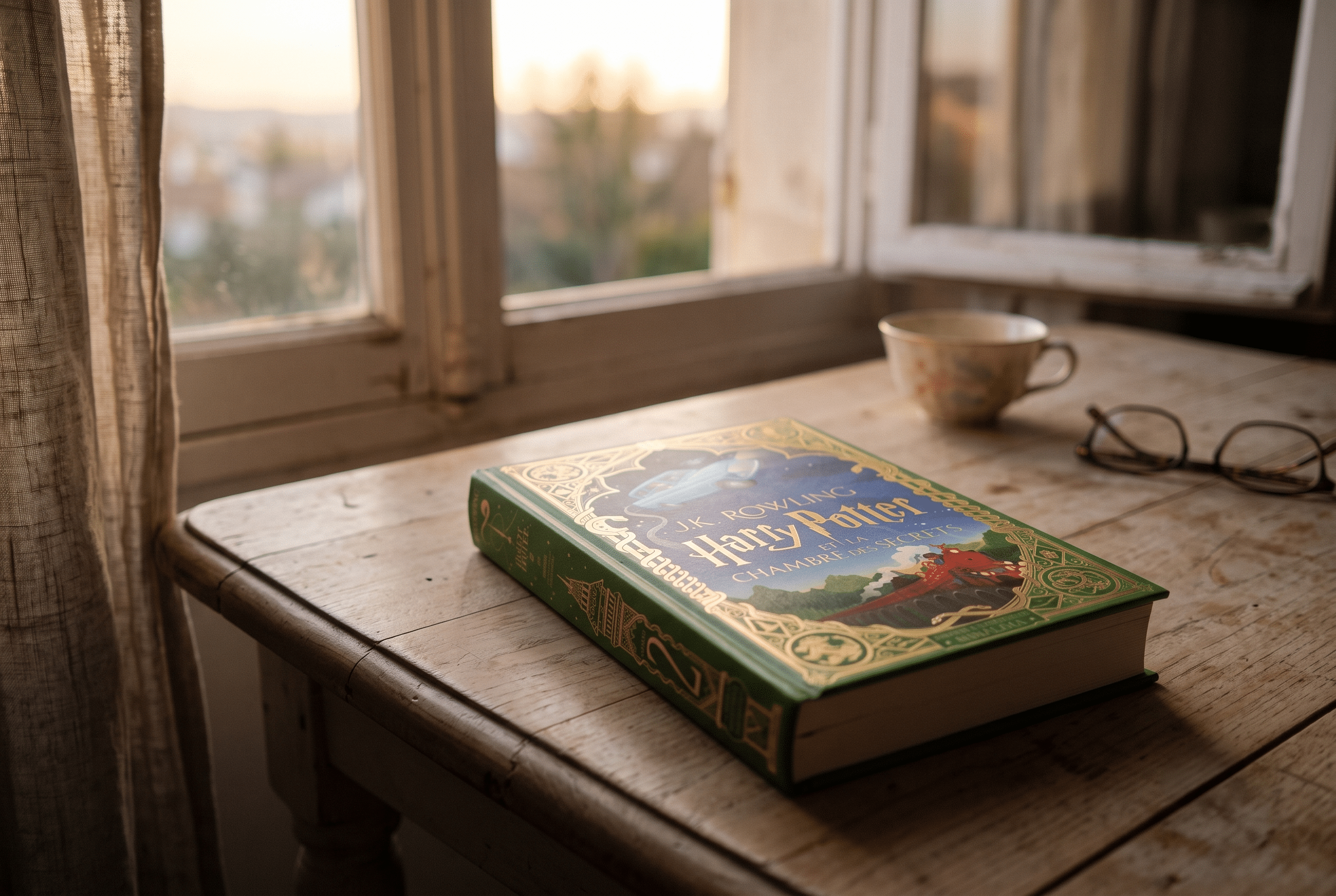 Le livre Harry Potter 2 posé sur un bureau.