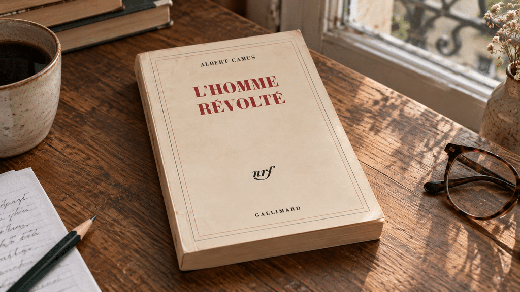 Livre "L'Homme révolté" d'Albert Camus sur un bureau.