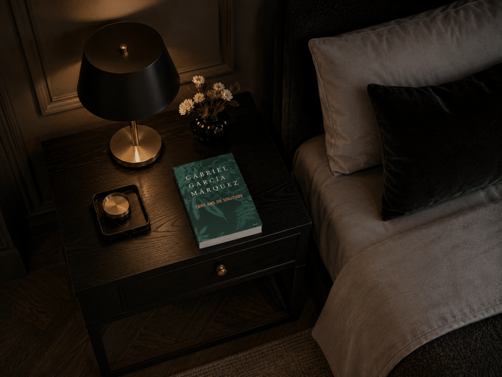 Le livre "Cent Ans De Solitude" de Gabriel Garcia Marquez vu de loin sur une table de nuit en bois noir