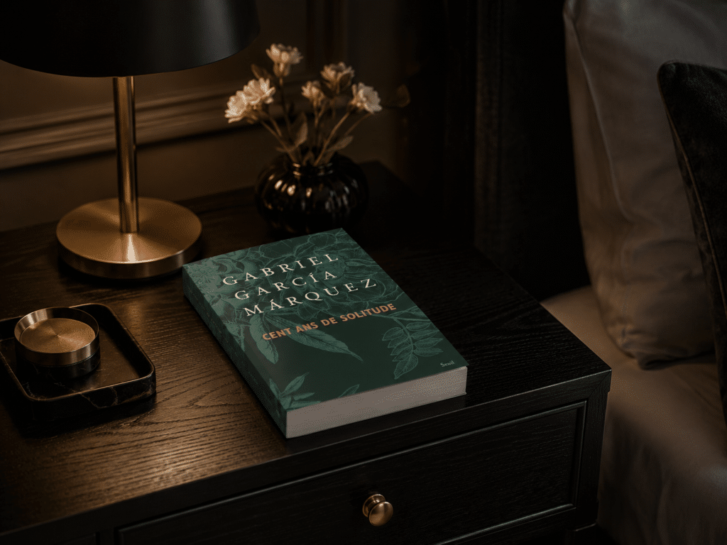 Le livre "Cent Ans De Solitude" de Gabriel Garcia Marquez vu de près sur une table de nuit en bois noir