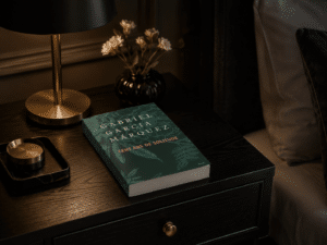 Le livre "Cent Ans De Solitude" de Gabriel Garcia Marquez vu de près sur une table de nuit en bois noir