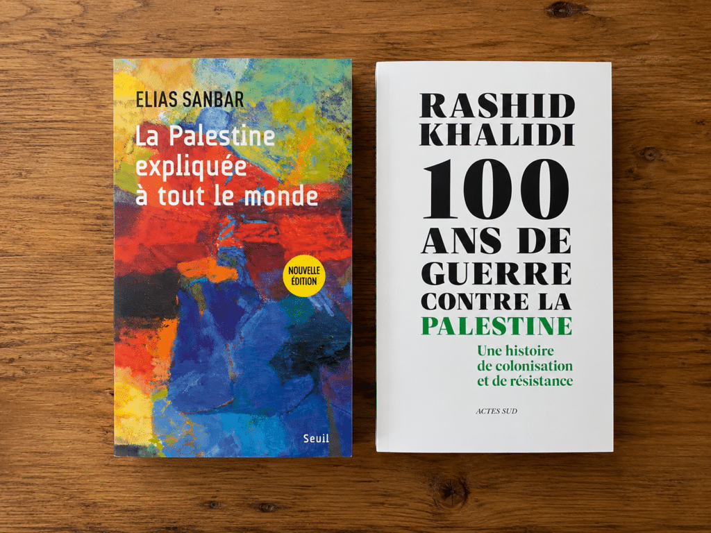 Les livres "La Palestine expliquée à tout le monde" de Elias Sanbar et "100 ans de Guerre contre la Palestine" de Rashid Khalidi posés sur le sol en bois